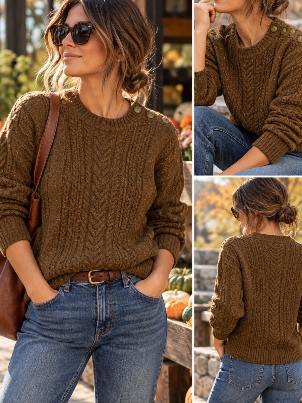 J. Crew Cable Knit Crewneck Sweater — Brown